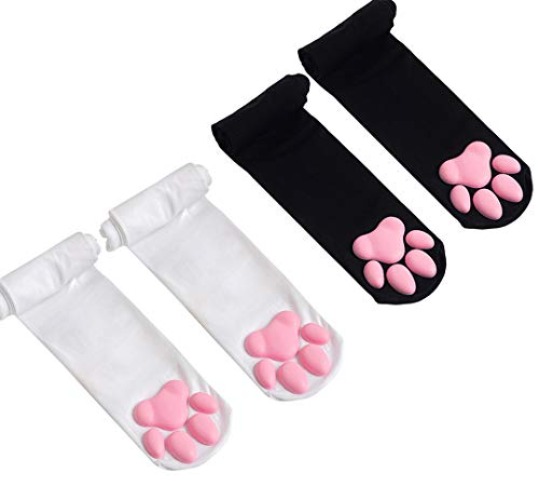Cat Paw Thigh High Socks Golves, Cute Soft 3D Toe Beans Socks Mittens Kitten Claw Pad Socks for Girl Women Cosplay Set… - White Socks and Black Socks