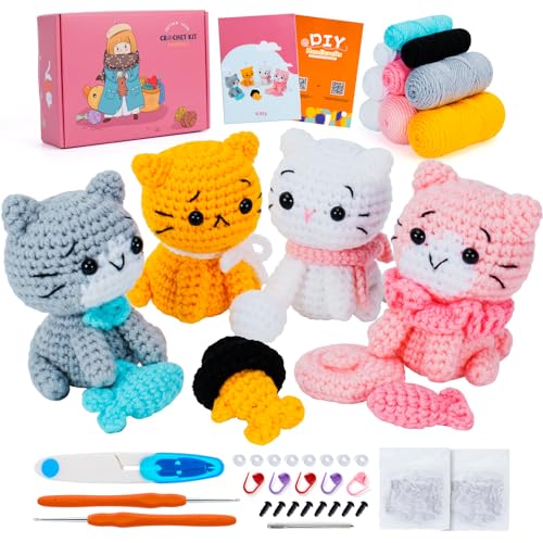 Crochet Kit for Beginners - Cat Crochet Kit with Step-by-Step Video Tutorials, Learn to Crochet Kits for Adults and Kids, 4 PCS Cat with Hat, Toy, Fish Crocheting Set - Orange Cat