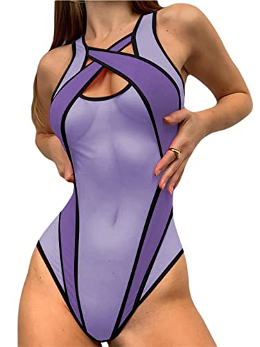 Hilinker Women's Sexy Mesh Sheer Sleeveless Bodysuit See Through Leotard Top - Medium - Purple