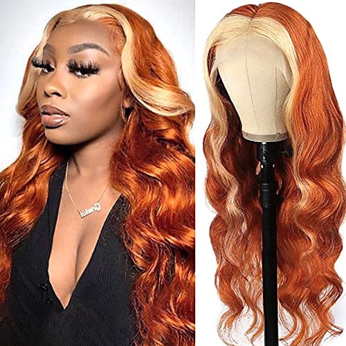 QD-Tizer Ginger Orange Wig with Blonde Highlights Lace Front Wig Blonde Skunk Stripe Long Wavy Wigs Heat Resistant Fiber Hair Synthetic Lace Front Wig for Fashion Women - #F130C