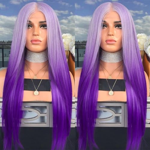 JPIKAQIU Ombre Purple Lace Front Wig Long Silky Straight Light Purple Lace Front Wigs Natural Hairline Heat Resistant Synthetic Lace Front Wigs for Women 24 Inch - ombre purple