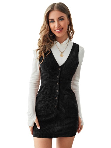 SheIn Women's V Neck Sleeveless Pocket Corduroy Button Pinafore Overall Mini Dress
