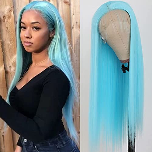 Lezaxiu Blue Lace Front Wig 24" Long Straight Hair Wigs Light Blue Wigs Heat Resistant Fiber Hair Synthetic Lace Front Wigs for Fashion Women - #1Blue - 24 Inch (Pack of 1)