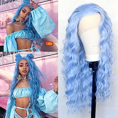 Luwigs Ice Blue Wavy Curly Lace Front Wig Synthetic Lace Wig Heat Resistant Hair Long Loose Wave Light Blue Replacement Wigs for Women Party Cosplay Holloween 22inch Natural Hairline - Ice Blue,Curly - 22 Inch