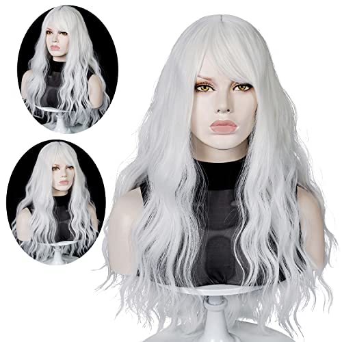 QACCF Long Curly White Wig Women Long Wavy Fluffy Curly Heat Resistant Full Bang Girls Wig (White) - White
