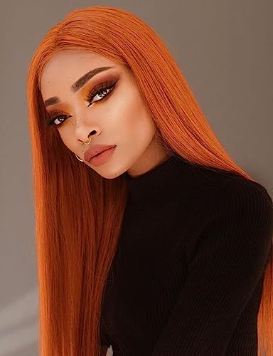 Luwigs #360 Copper Red Synthetic Lace Front Wigs Long Straight Ginger Red Half Hand Tied Replacement Wigs Heat Resistant Fiber Hair for Cosplay Daily Wear 22inch - 22 Inch (Pack of 1) - Orange,Straight
