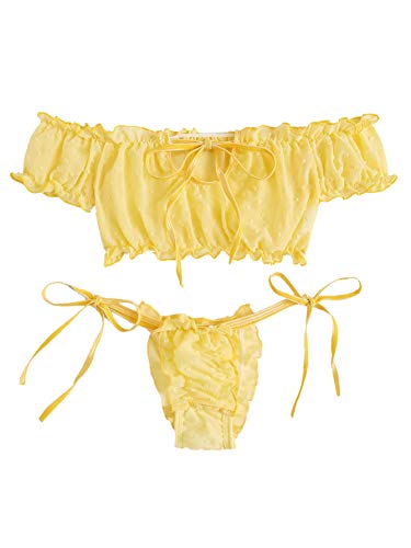SheIn Women's Self Tie Ruffle Trim Dobby Mesh Lingerie Set Sexy Bra And Panty - Small - Yellow