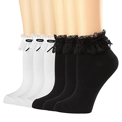 BIVOLU Womens Crew Socks Lace Ruffle Frilly Cotton Cute Princess Ankle Dress Socks for Girl 2/4/5/6 Pack - 5-8 - 6pairs(white-lace Short)