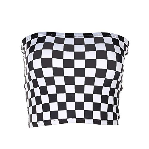 Women Black and White Plaid Sexy Strapless Tube Top - Small - Black and Whit