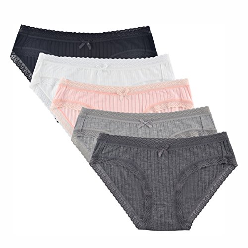 KNITLORD Women's Underwear Cotton or Bamboo Viscose Soft Bikini Panties Lace Trim 5 Pack - Medium - Bamboo Lace 5pk