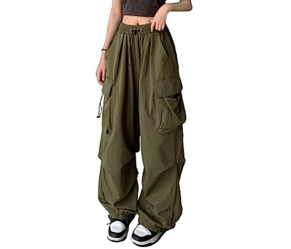 Women's High Waist Cargo Pants Casual Hippie Punk Streetwear Elastic Baggy Jogger Relaxed Cinch Pants with Pockets - Small - Green