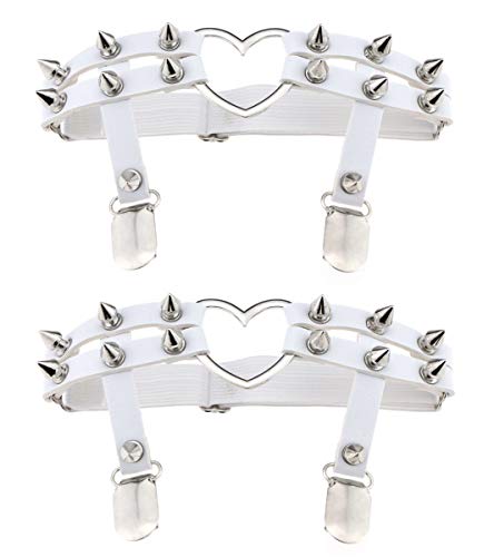 Women Girl Sexy Leather Heart Garters Punk Rock Rivet Stud Leg Ring 2pcs - One Size - White