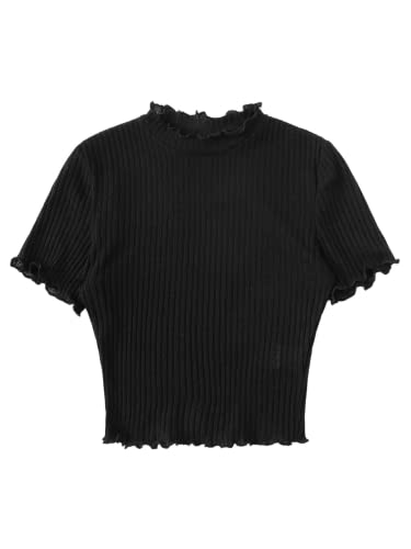 SweatyRocks Women's Lettuce Trim Ribbed Knit Short Sleeve Crop Top T-Shirt - Medium - Black