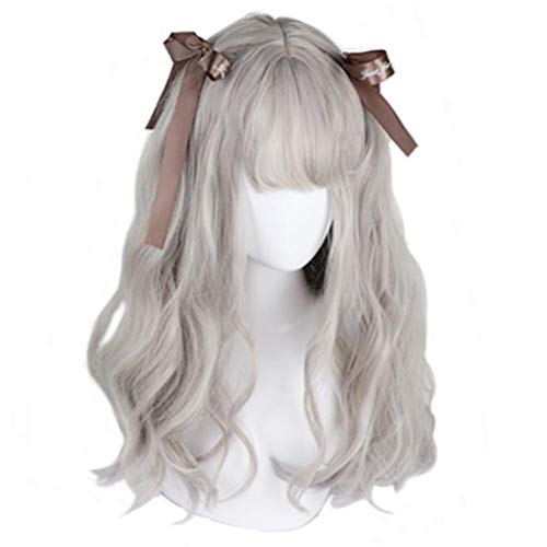 aiyaya Long Curly Wig - Natural Synthetic Hair Wigs with Wig Cap For Cosplay and Daily Wear (Gray) - Gray