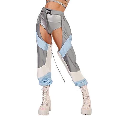 Sexy Buckle Bottomless Pants Women Hollow Out High Waist Rave Chaps Hiphop Rock Crotch Pants Belted Cargo Trousers - Small - Color Block Blue+grey