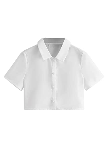 SweatyRocks Women's Casual Short Sleeve Button Down Shirt Collar Blouse Crop Top - Medium - White