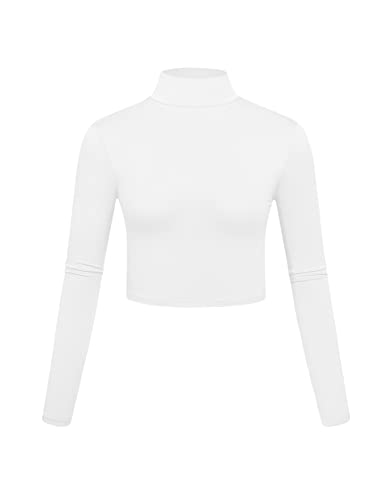 KLOTHO Lightweight Mock Turtleneck Crop Tops Long Sleeve Casual Base Layer for Women or Teen Girls - Medium - White
