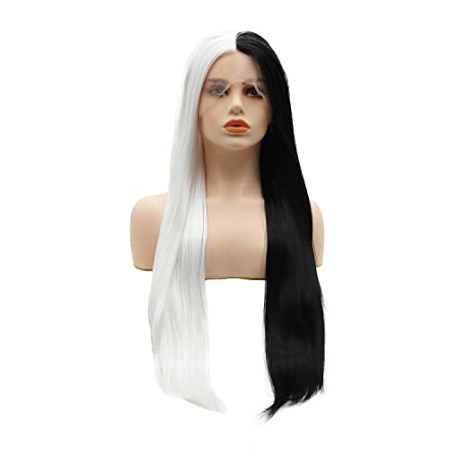 LUSHY BEAUTY Hair Synthetic Lace Front Wig Straight Long 24inch Half White Half Black Mix Heavy Density Heat Resistant Realistic Wig