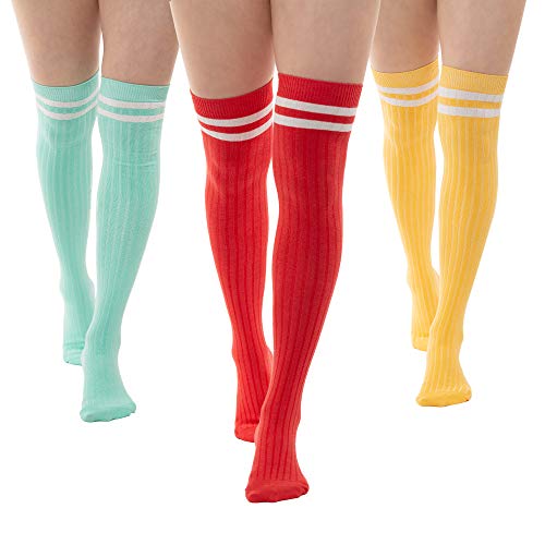 SERICI Thigh High Socks | Womens Striped Cotton Thigh High Tube Sock | Over Knee Boot Socks - 5-11 - Mint, Coral, Citrus W Stripes