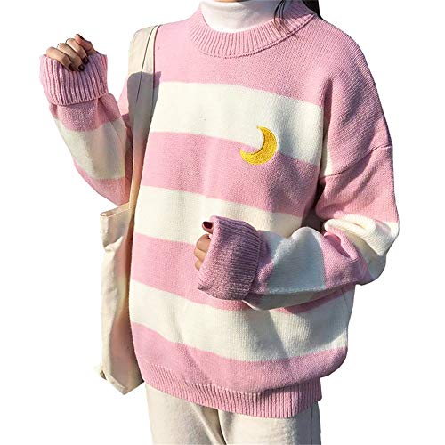 Free Valley Women Kawaii Ulzzang College Wind Candy Contrast Striped Moon Sweater Clothing - One Size - Pink
