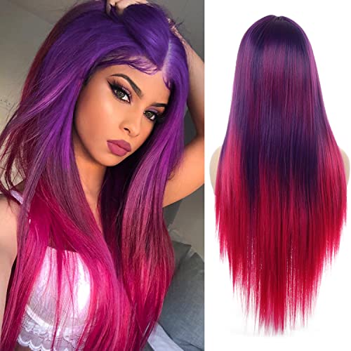 WOCO Lace Front Wig Purple to Hot Pink Long Straight Hair Wigs Fashion Gradient Color Kanekalon Heat Resistant Fiber Comfortable Synthetic Middle Part Wigs for Daily Party - purpleGpink#2