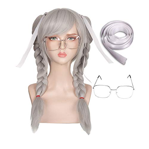 ColorGround Wig with Glasses and Ribbon Silver Gray Cosplay Wig for Halloween (Grey with Ponytails) - Grey with Ponytails