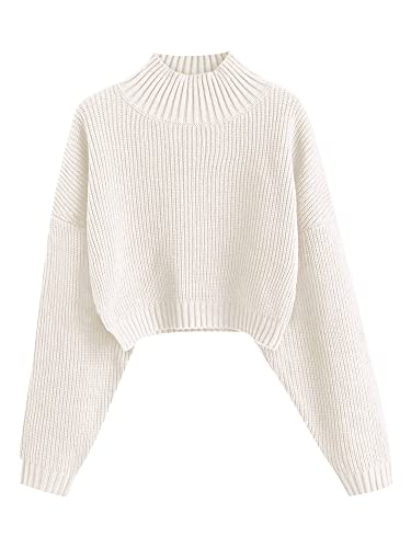 ZAFUL Women's Cropped Turtleneck Sweater Lantern Sleeve Ribbed Knit Pullover Sweater Jumper - Medium - 0-white