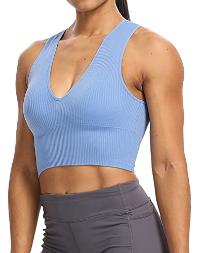 Venbond Women's Sexy Sleeveless Seamless Crop Top Deep Plunge V Neck Ribbed Tank Top with Removable Pads - Blue - Small