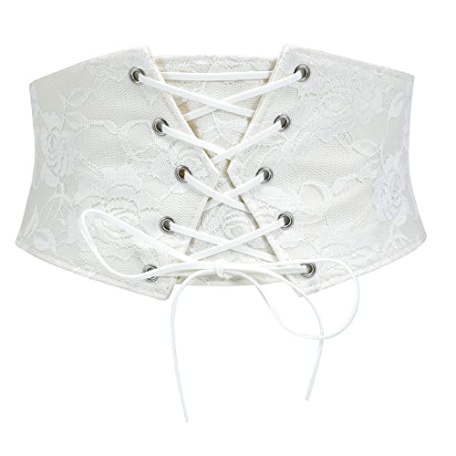 TRIWORKS Women Waist Belt Corset Lace Up Tied Waspie Elastic Wide Belt for Dresses Halloween Pirate Corset - C-white - Fits waist size 27"-31"