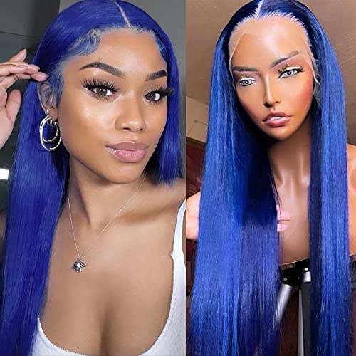 QD-Tizer Blue Lace Front Wigs for Fashion Woman Long Straight Navy Blue Hair Heat Resistant Fiber Hair Synthetic Lace Front Wigs 24 Inch - #B-navy blue