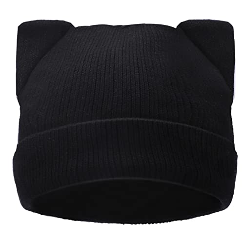 LUCKYBUNNY Cat Ear Beanie for Women Girls, Autumn Winter Knit Cuff Beanie Hip Hop Beanie Hat Cat Crochet Ski Cap - Black - Without "M"