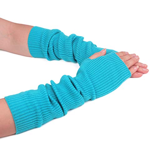 Flammi Cashmere Blended Arm Warmer Winter Fingerless Gloves Knit Mitten Gloves Wrist Warmer with Thumb Hole for Women - Aqua Blue (42cm)