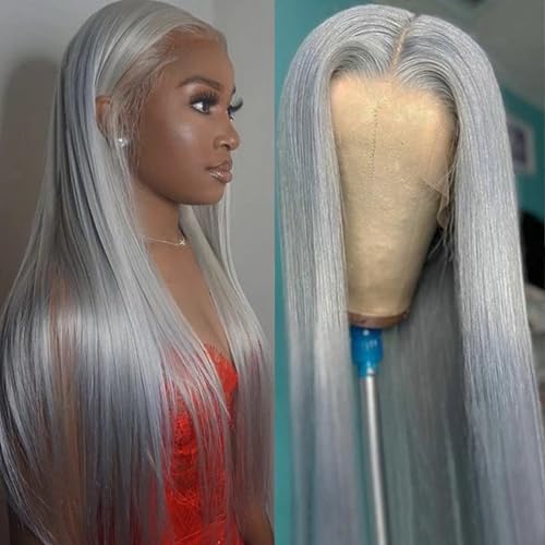 Lovestory Long Straight Synthetic Lace Front Wigs Heat Resistant Gray Wig Natural Hair Wig For Women 180 Density 22-24 inch - A-gray