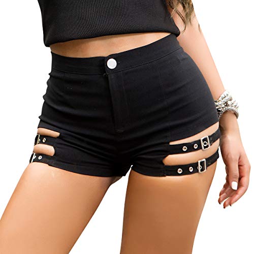 Women's Gothic Shorts Punk Dance Sexy Black Irregular Short Pants High Waist Slim Bodycon Bandage Shorts - Small - Black