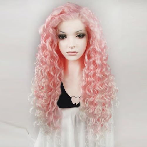 Ebingoo 26 Inch Long Curly Lace Front Wig for Women Girls + Wig Cap Natural Pink Mixed White Lace Front Wig Free Part Glueless Fashion Synthetic Wig for Women Daily Wear - Pink