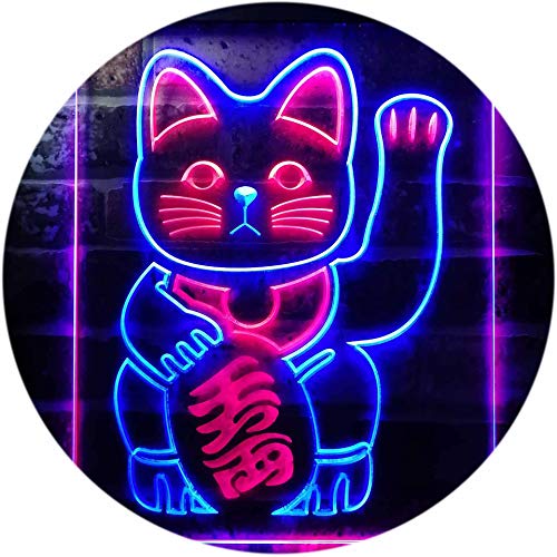 Maneki Neko Lucky Cat Welcome Japan Dual Color LED Neon Sign Blue & Red 12 x 16 Inches st6s34-j0980-br - 12" x 16" - Blue & Red