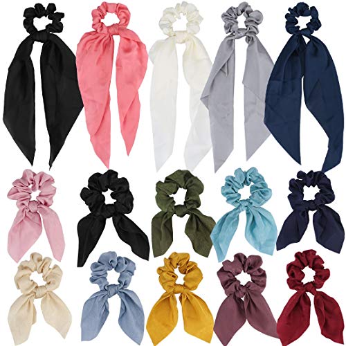 Jaciya 15 Pack Hair Elastics Scrunchies Chiffon Hair Scrunchies Hair Bow Chiffon Ponytail Holder Bobbles Soft Elegant Elastic Hair Bands Hair Ties, 15 Colors (15 Pack Bow Scrunchies)