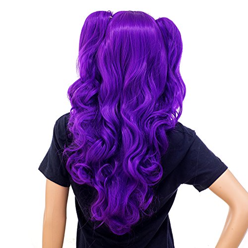 SWACC Long Curly Double Claw Clip on Ponytail Wig Synthetic Pastel Colorful Cosplay Daily Party Wig for Women and Kids with Wig Cap (Purple) - Purple