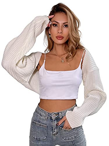 SheIn Women's Long Sleeve Open Front Crop Cardigan Drop Shoulder Shrug Ribbed Knit Bolero Sweater - Medium - White