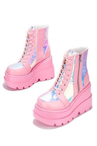 Cape Robbin Radio Holographic Platform Ankle Boots with Chunky Block Heels for Women - 6 - Pink