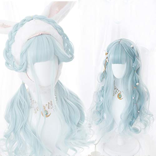Filuckyve 60cm/23.6'' Long Cosplay Wig with Bangs Wavy Harajuku Cute Daily Party Women Girls Hair Halloween Birthday Gifts (Light Blue)