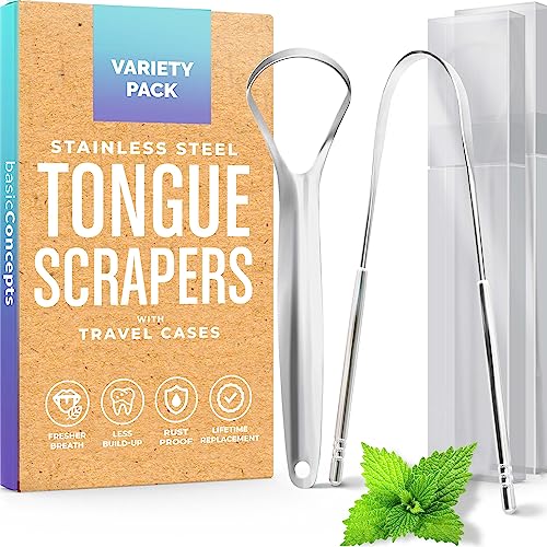 BASIC CONCEPTS Tongue Scraper for Adults (2 Pack Variety + 2 Cases), Tongue Cleaner for Adults, Reduce Bad Breath, Stainless Steel Tongue Cleaners, Metal Tounge Scrappers, Tongue Scrubber for Adults - Variety Pack