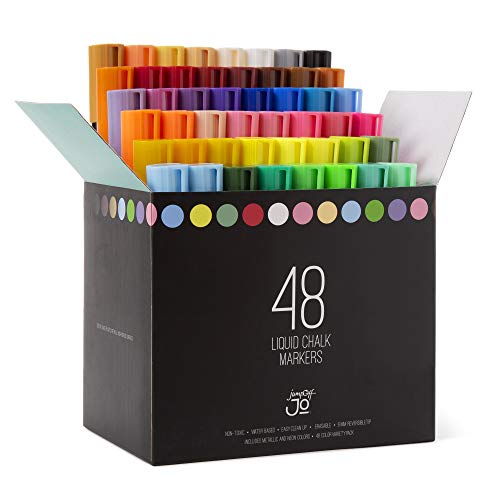 JumpOff Jo - 48 Pack of Liquid Chalk Markers – Reversible Chisel and Round Tip - Neon, Metallic, and White Included - 1 Count (Pack of 48)