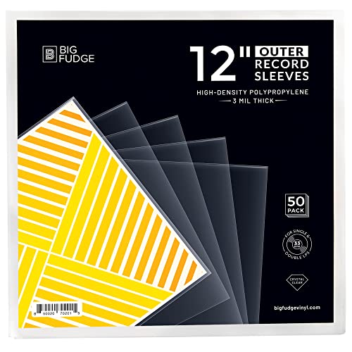 BIG FUDGE Vinyl Record Outer Sleeves - 12 inch x 50pcs - Clear LP Album Covers Made of High-Density Polypropylene Plastic - Durable & Wrinkle-Free - 3 mil Thick, 12.75" x 12.75" - 12" - 50 pack