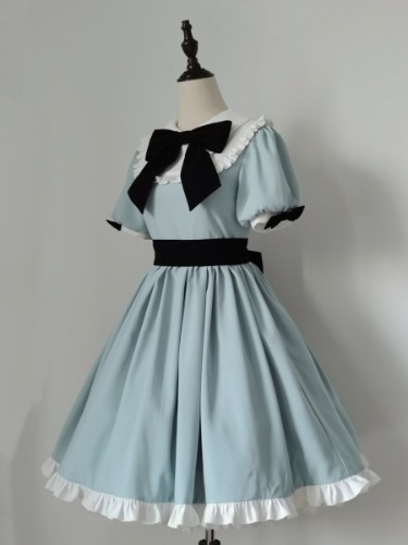 [$79.50]Alice Blue Lolita Dress with Black Sash and Big Bow Alice in Wonderland Vibes