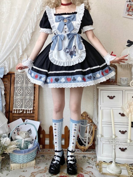 [$49.00]Black and Blue Square Neckline Alice Vibes Lolita Dress + Apron + Wrist Cuffs