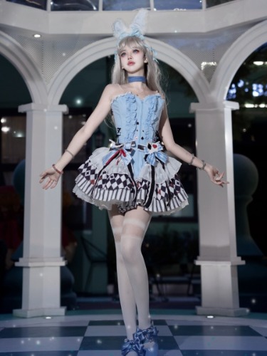 [$99.75]Alice Vibes Blue Corset Bodysuit Check Pattern Hemline Alice in Wonderland