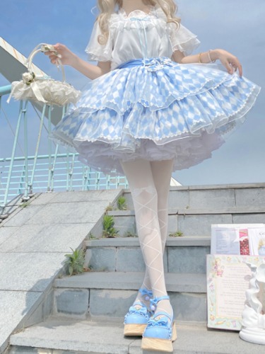 [$21.43]Alice Blue Diamond Pattern Tiered Skirt/White Square Neckline Short Sleeves Blouse