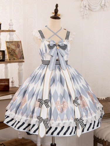 [$96.50]Sweetheart Alice Blue Striped Bowknot Details Diamond Pattern Jumper Skirt