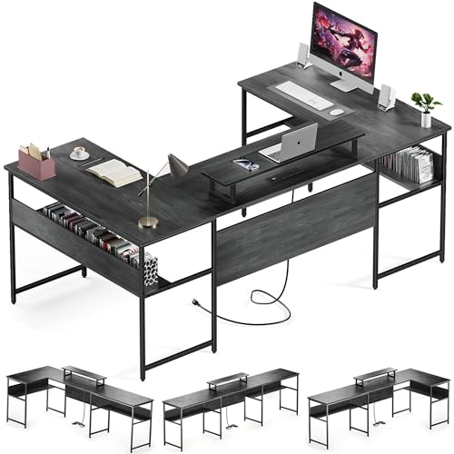 Homiesetify 79” U Shaped Desk with Power Outlets, Reversible L Shaped Gaming Desk with Storage Shelves, Large Corner Computer Desk with Monitor Stand, 2 Person Desk for Home Office, Grey Black